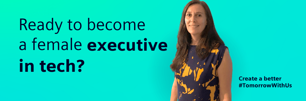 Banner with Alba's image, saying " Ready to become a female executive in tech?"